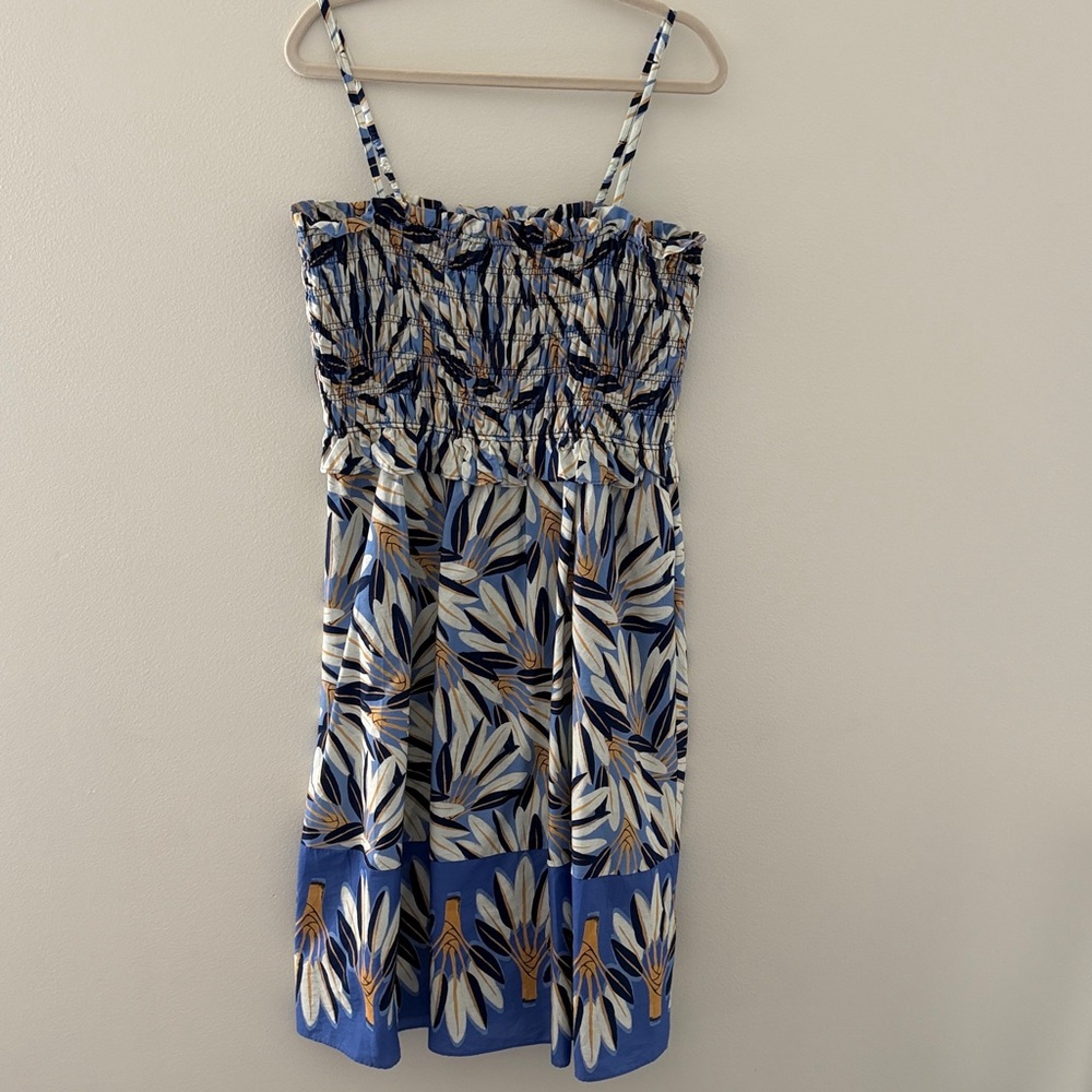 Vince Camuto Blue Floral Smocked Mini Dress with White & Tan Accents
